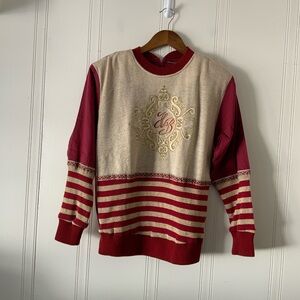 Red and Cream Crewneck Sweater with Color-Blocked Design